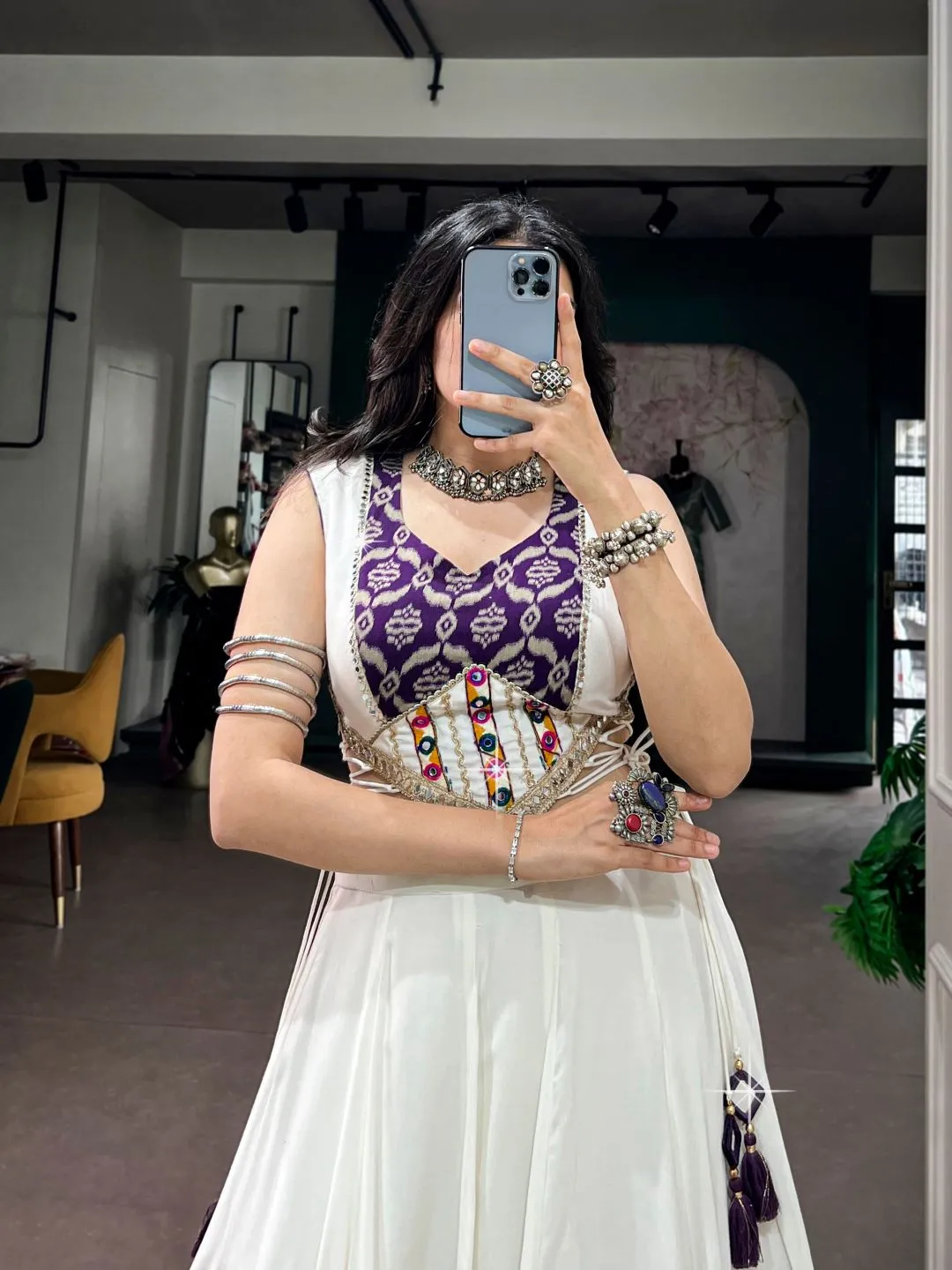 Women Off White & Purple Printed Rayon Gamthi Mirror Work Navratri Free Size Stitched Lehenga Choli Set