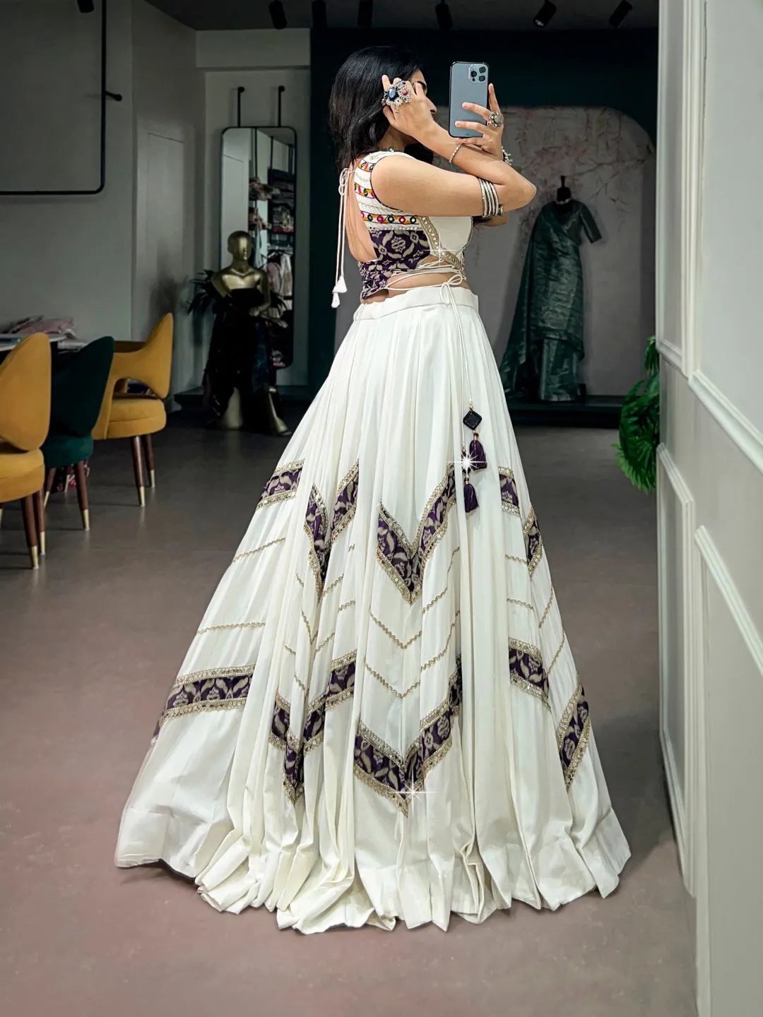 Women Off White & Purple Printed Rayon Gamthi Mirror Work Navratri Free Size Stitched Lehenga Choli Set