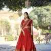 Red Poly Cotton Zari Work Trending South Style Half Saree Lehenga