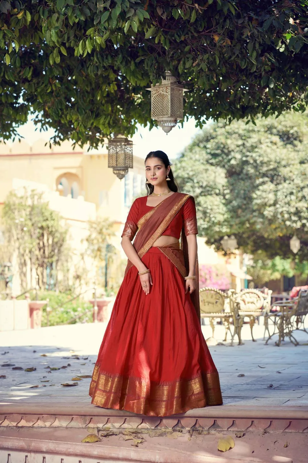 Red Poly Cotton Zari Work Trending South Style Half Saree Lehenga