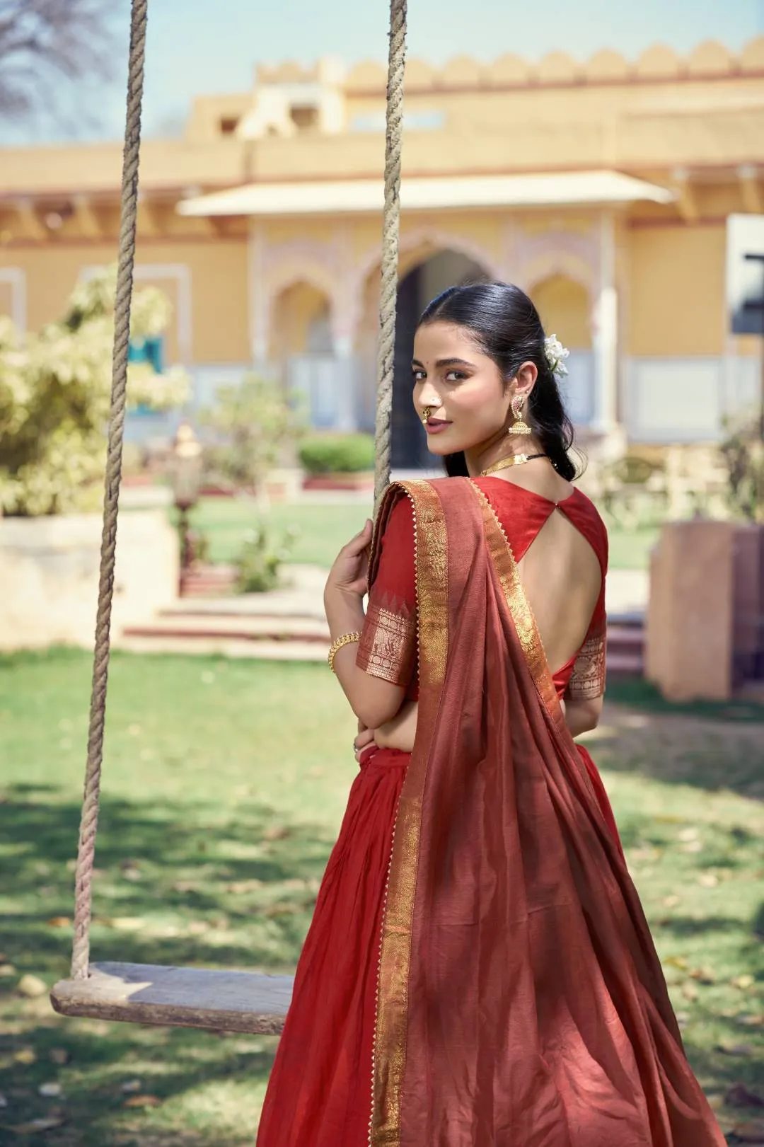 Red Poly Cotton Zari Work Trending South Style Half Saree Lehenga
