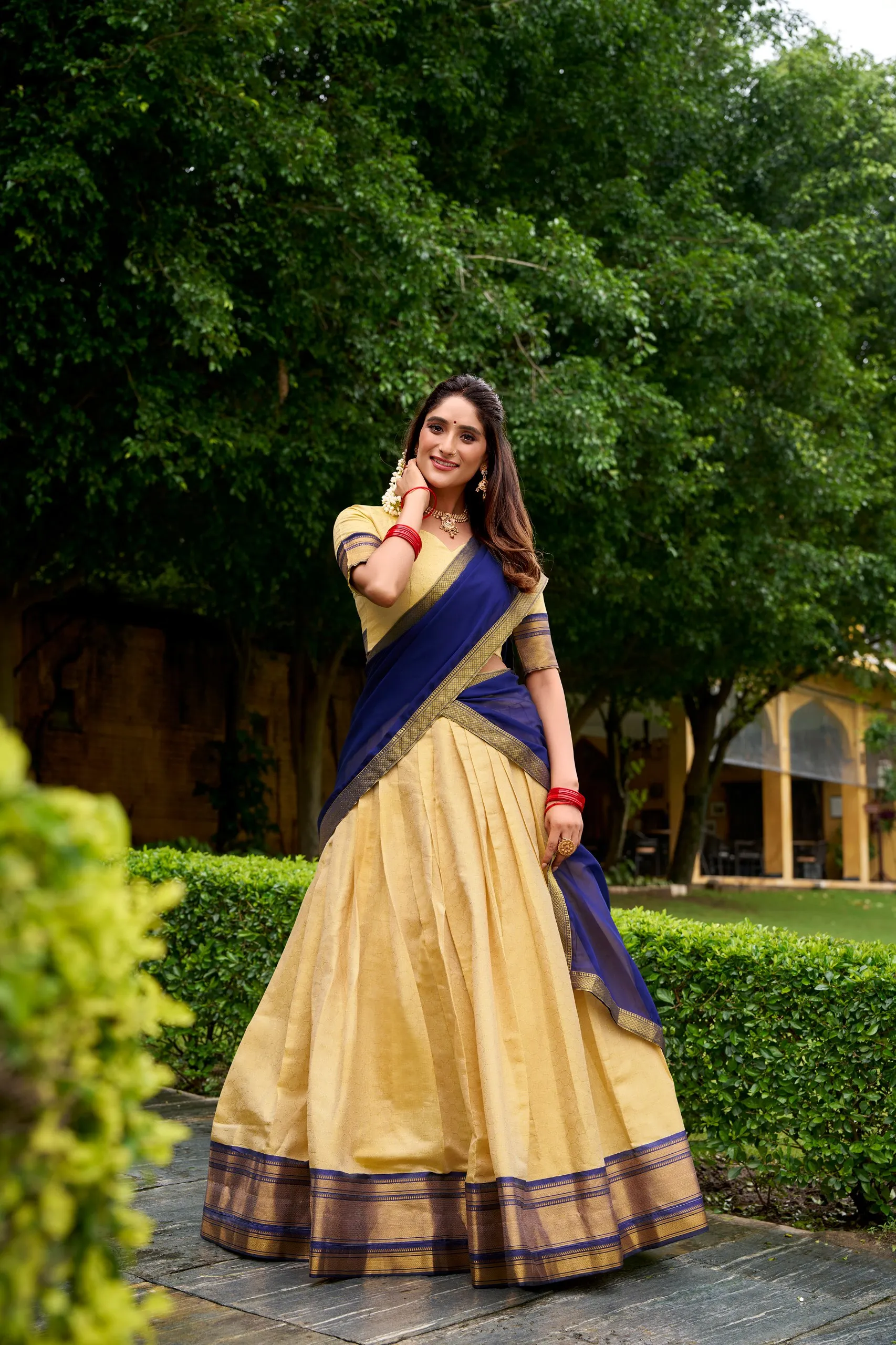 Navy Blue Pure Kanchipuram Silk Zari Weaving South Indian Lehenga Choli for woman