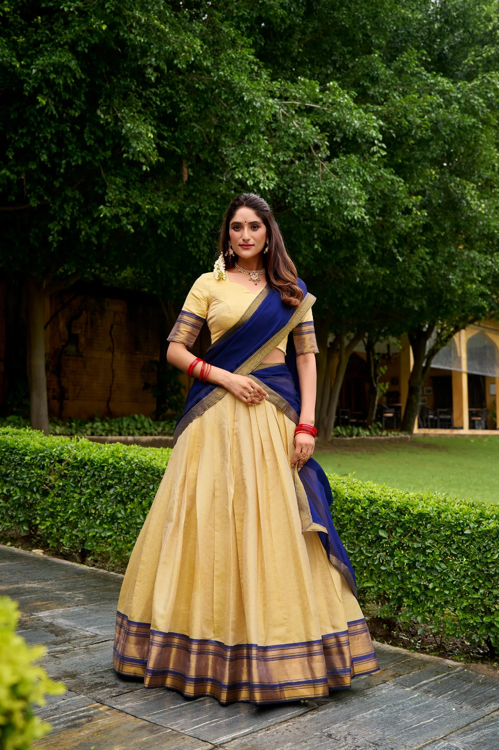 Navy Blue Pure Kanchipuram Silk Zari Weaving South Indian Lehenga Choli for woman