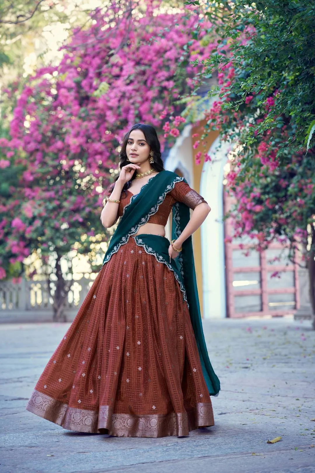 Brown Silk Blend Embroidered Traditional Wedding Lehenga Choli Set | Shreevani Chinon Zari Weaving Work
