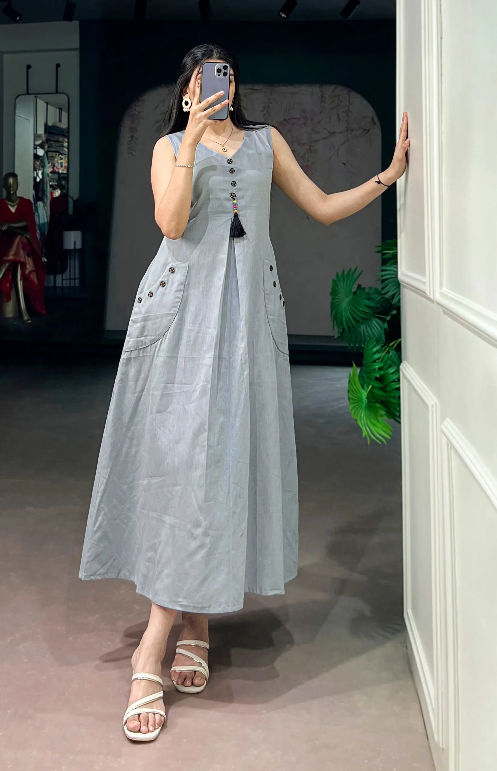 Stylish Grey Khadi Cotton Office Wear Western Maxi Dress for woman