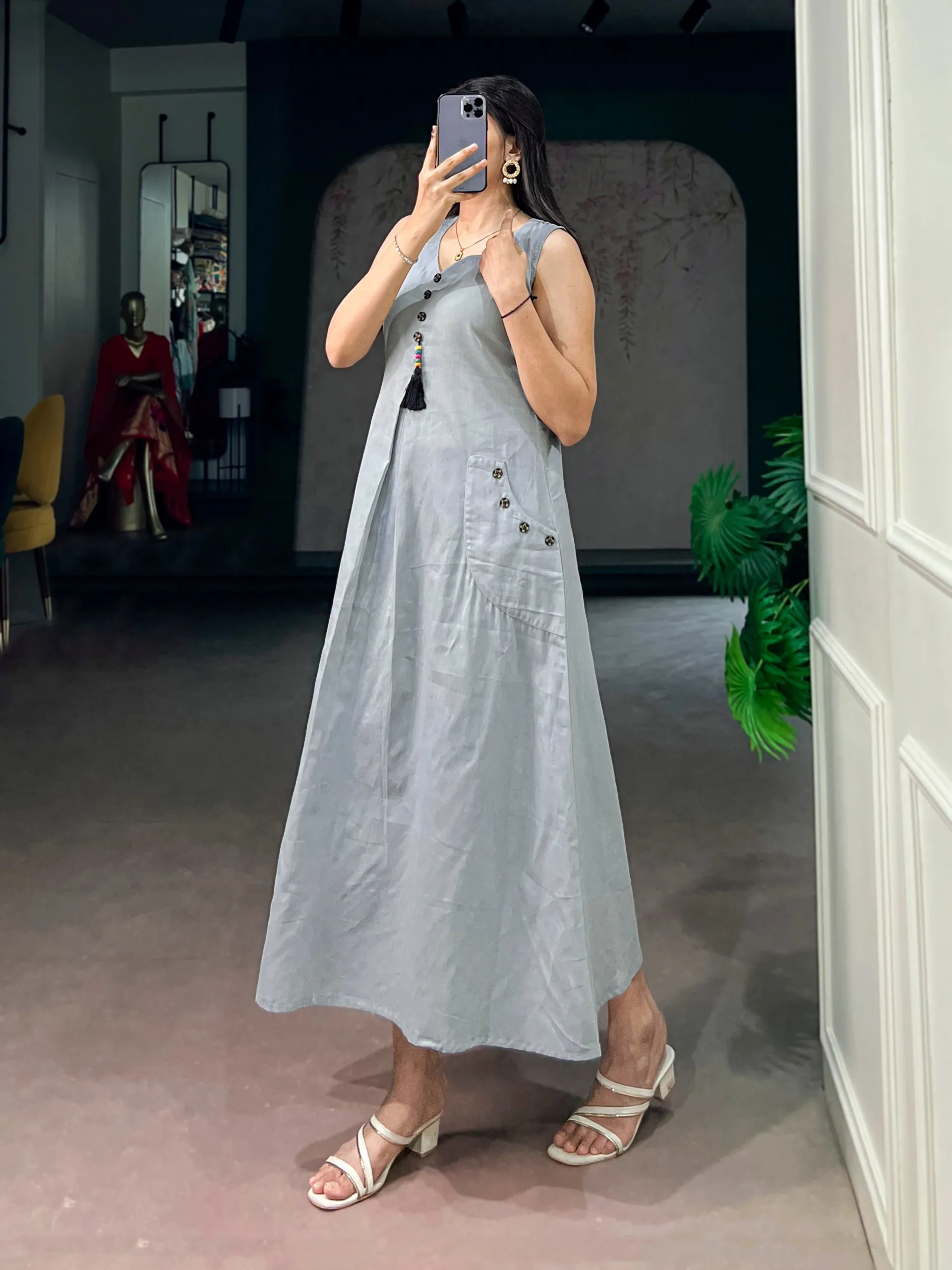 Stylish Grey Khadi Cotton Office Wear Western Maxi Dress for woman