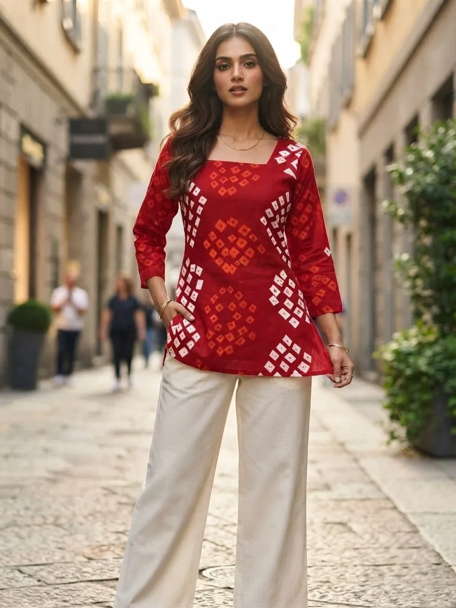 Women's Printed Tunic Top with Square Neck & Full Sleeves | Casual Ethnic Kurti Style Top | Cotton Bandhani and Fancy Short Top