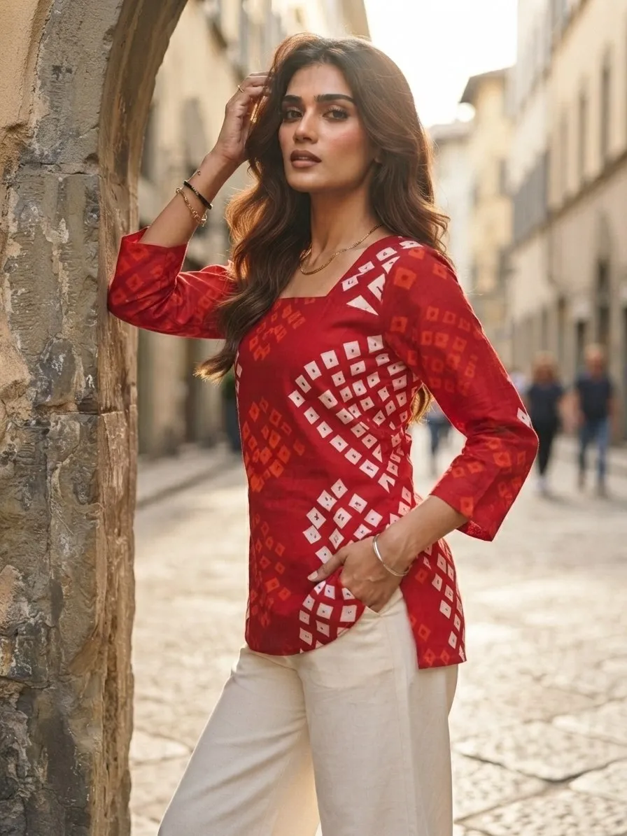Women's Printed Tunic Top with Square Neck & Full Sleeves | Casual Ethnic Kurti Style Top | Cotton Bandhani and Fancy Short Top