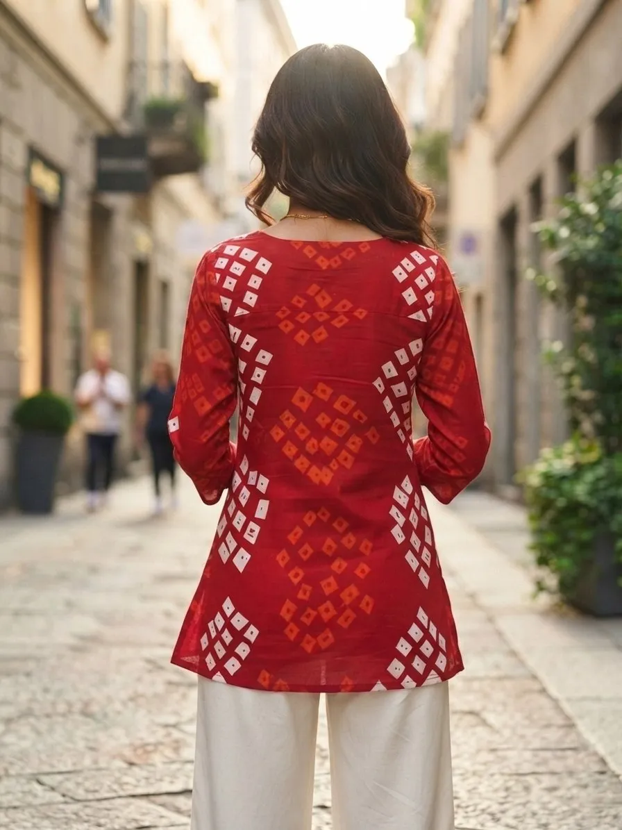 Women's Printed Tunic Top with Square Neck & Full Sleeves | Casual Ethnic Kurti Style Top | Cotton Bandhani and Fancy Short Top