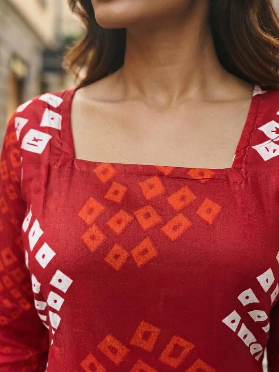 Women's Printed Tunic Top with Square Neck & Full Sleeves | Casual Ethnic Kurti Style Top | Cotton Bandhani and Fancy Short Top