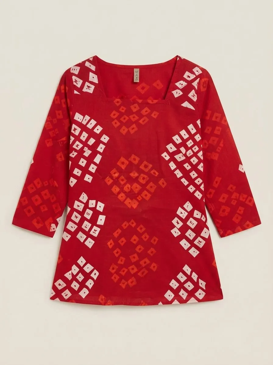 Women's Printed Tunic Top with Square Neck & Full Sleeves | Casual Ethnic Kurti Style Top | Cotton Bandhani and Fancy Short Top