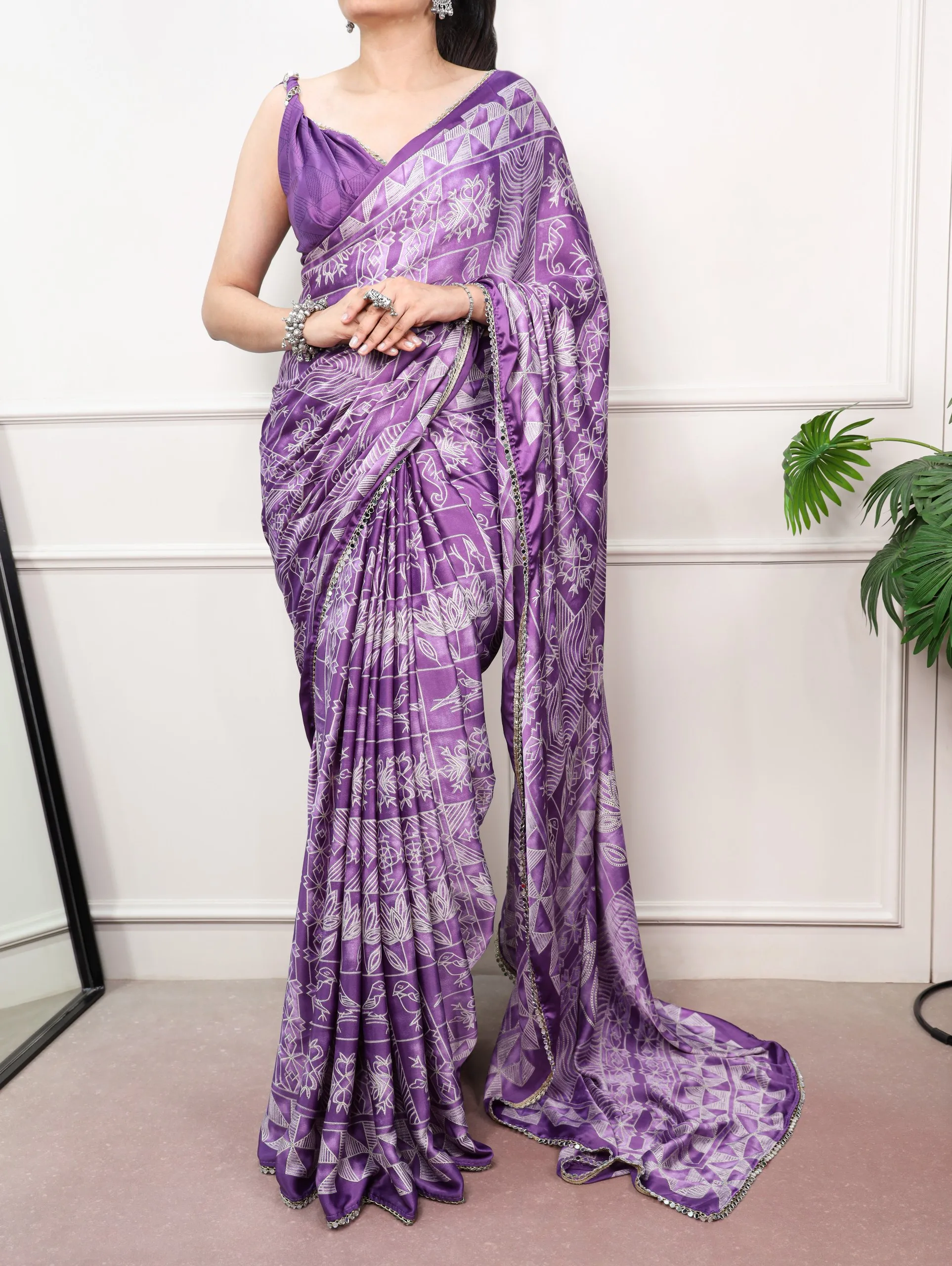 Elegant Japan Satin Saree Mirror Work Border Saree - Digital Print, Luxurious Drape for Women