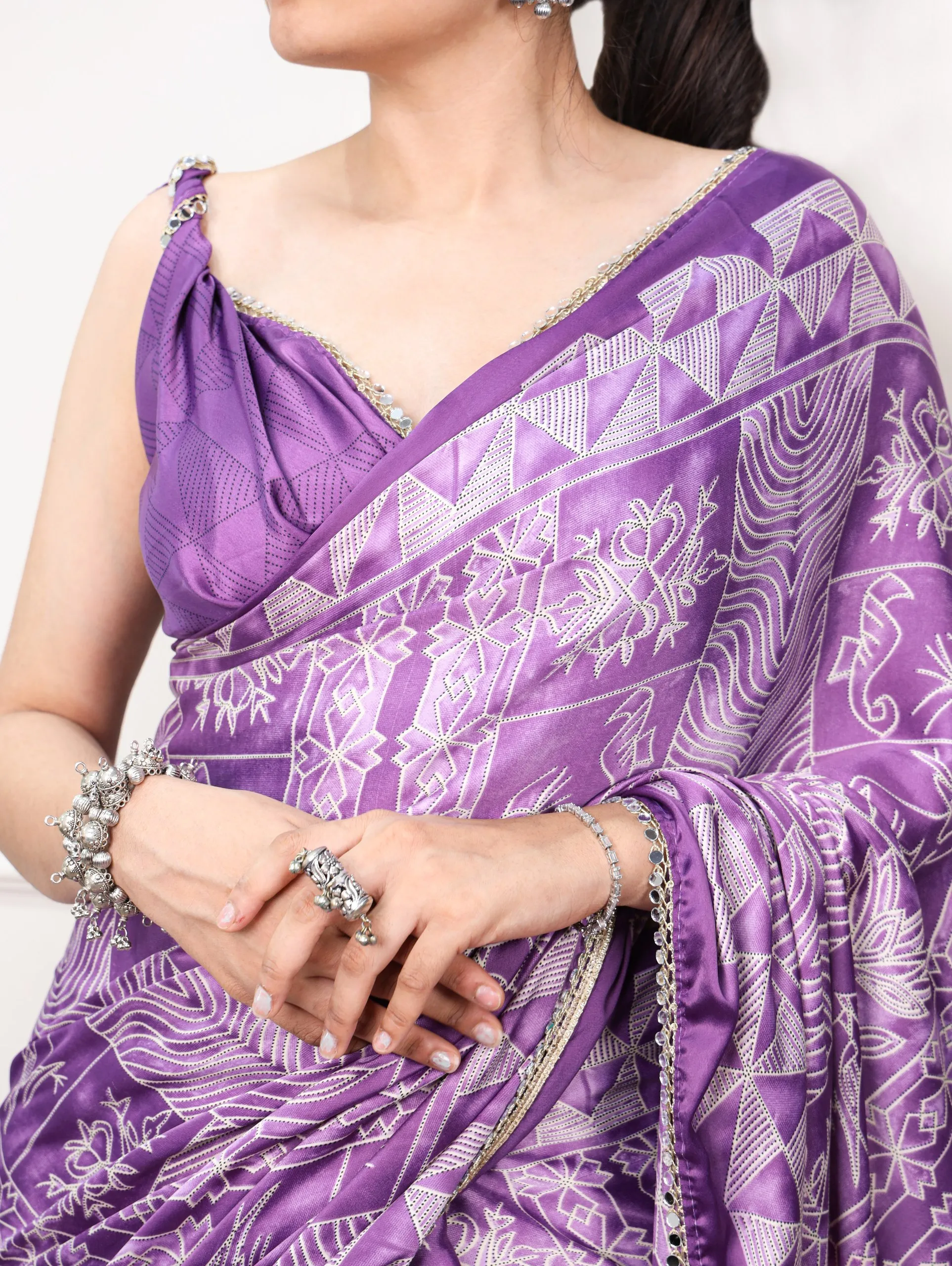 Elegant Japan Satin Saree Mirror Work Border Saree - Digital Print, Luxurious Drape for Women