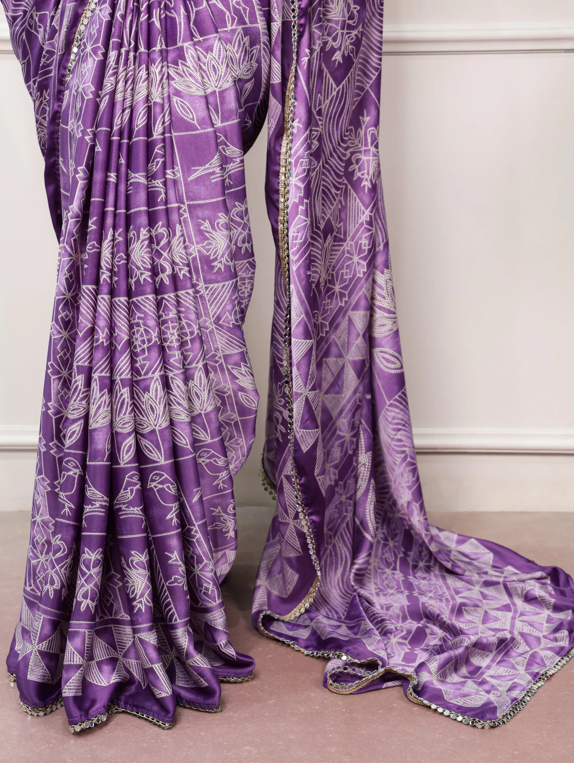 Elegant Japan Satin Saree Mirror Work Border Saree - Digital Print, Luxurious Drape for Women