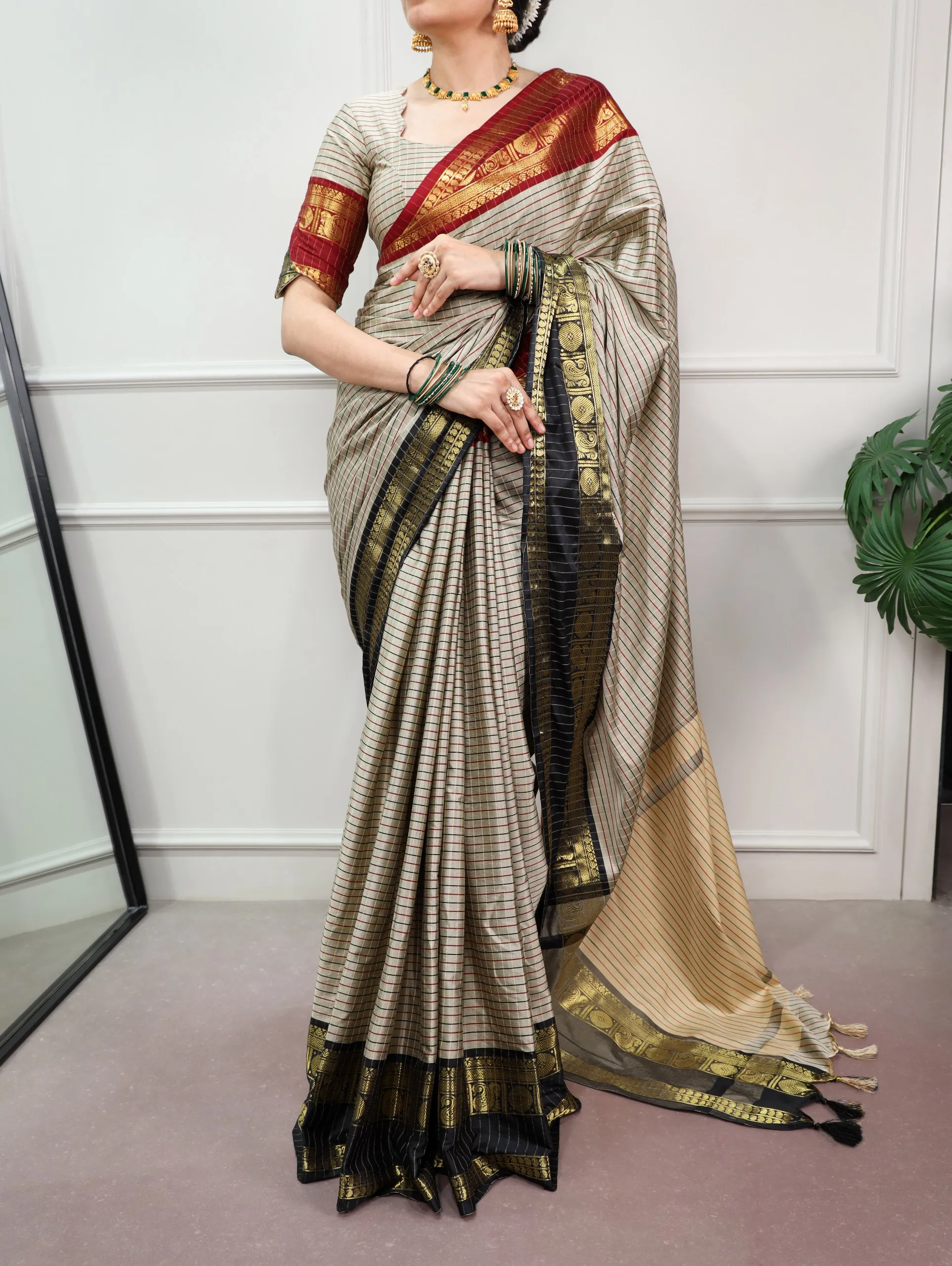 Gray Silk and Checks Border Saree