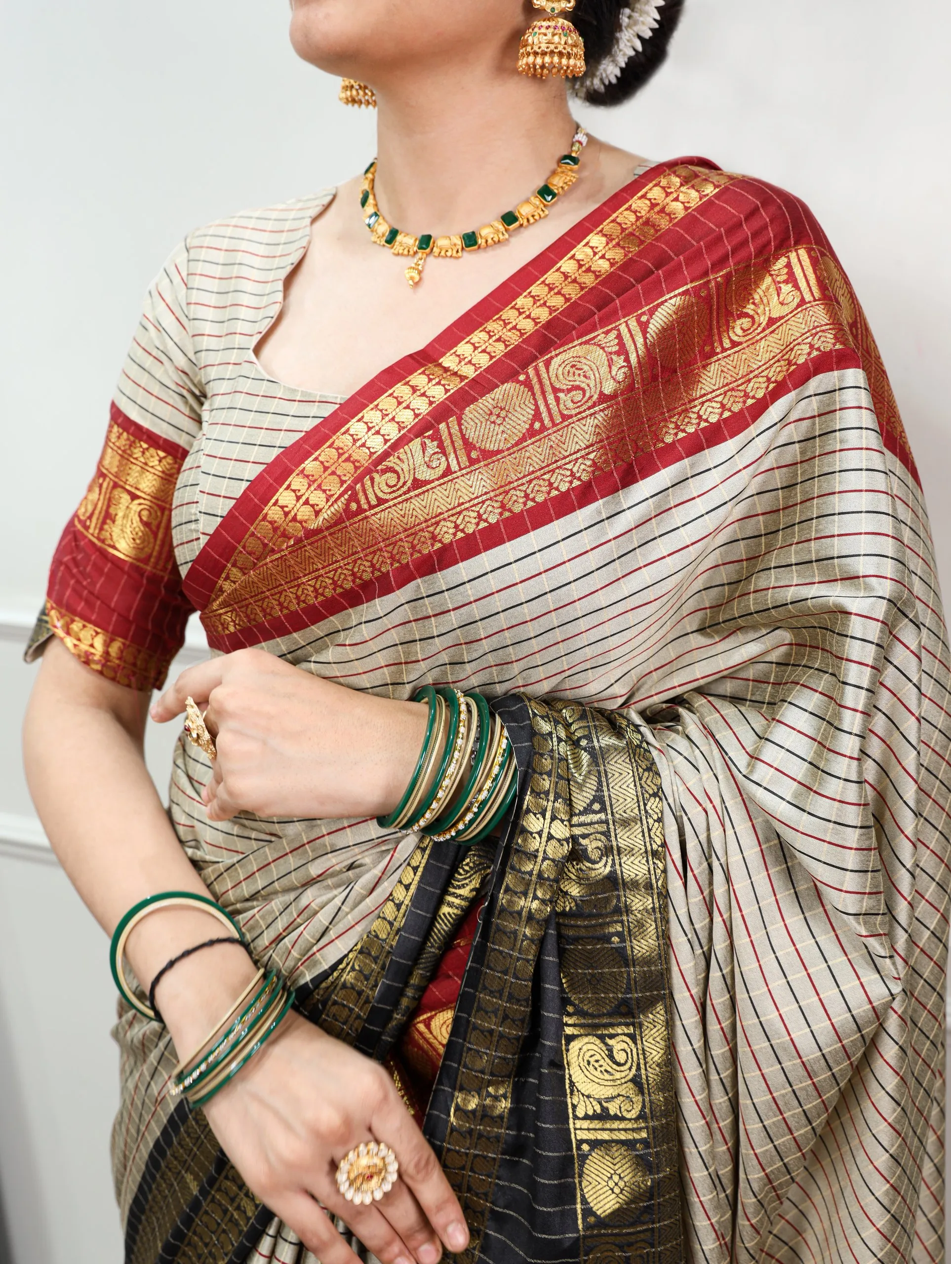 Gray Silk and Checks Border Saree