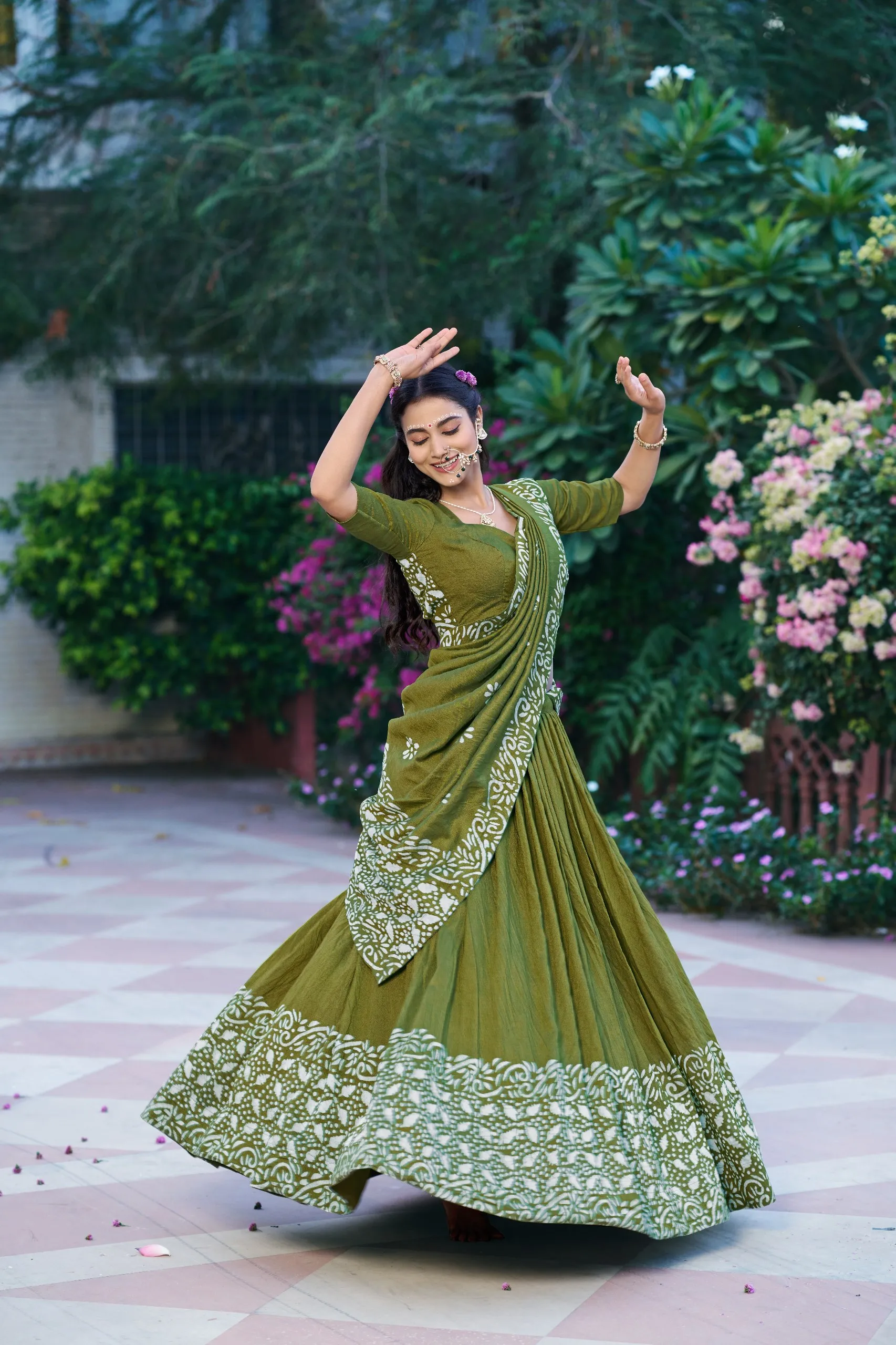 Mehendi Cotton Chanderi Silk Batik Print Lehenga Choli
