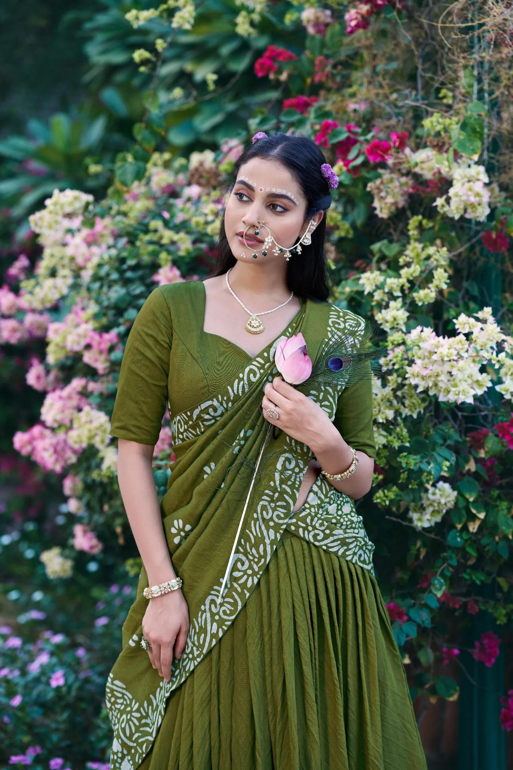 Mehendi Cotton Chanderi Silk Batik Print Lehenga Choli
