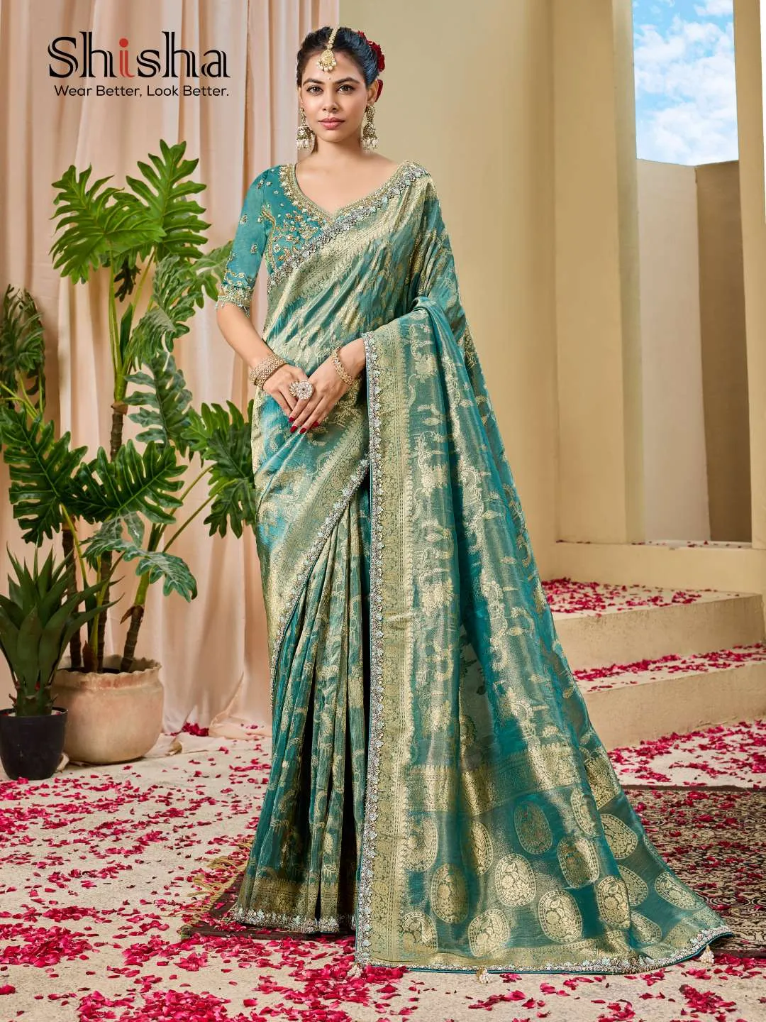 Shisha Kum Kum Vol-10 Premium Tissue Silk Zari Weaving Fabric With Double Blouse for woman