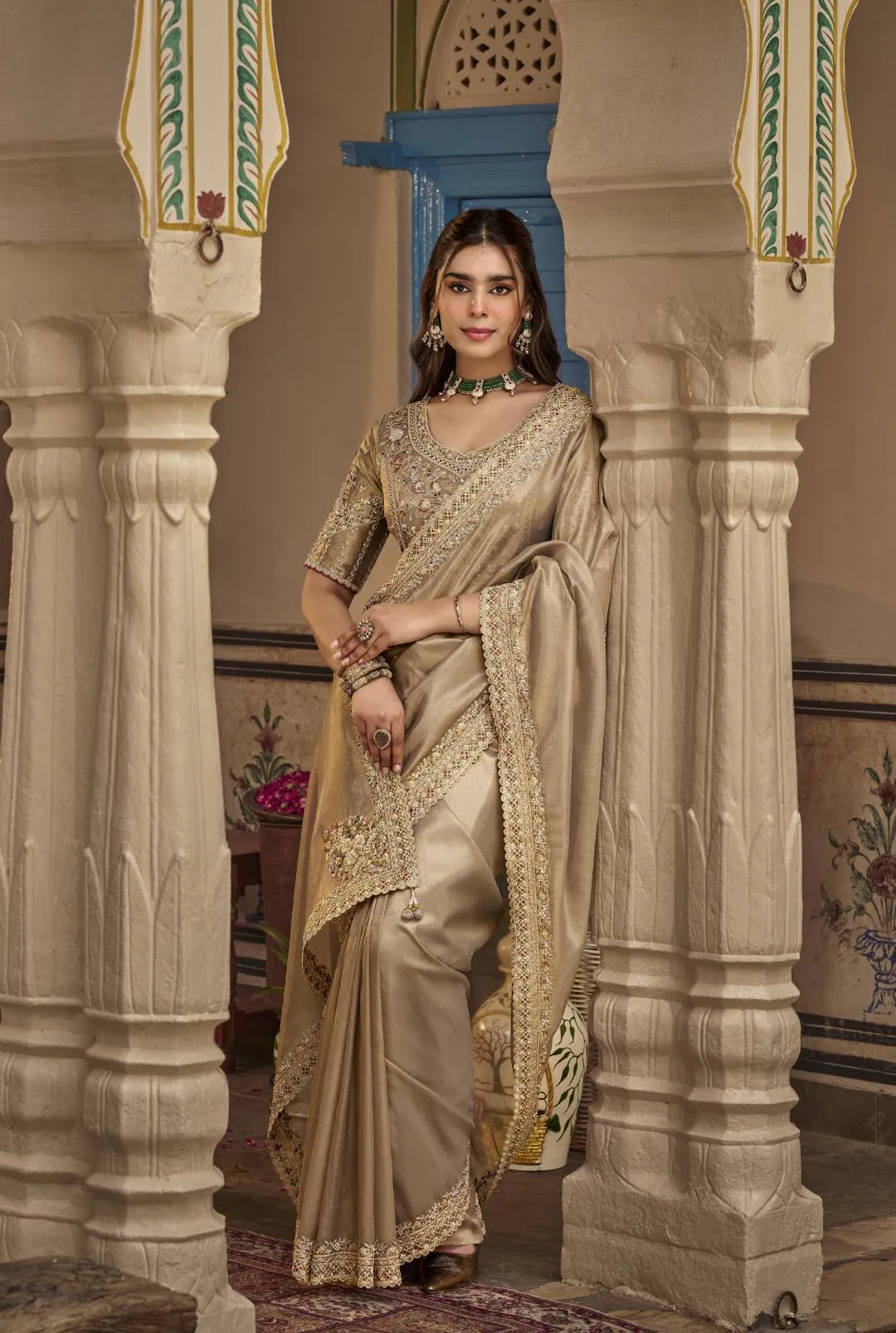 SAJODE RIDDHI Taupe Grey Scallop Border Embroidered Silk Saree