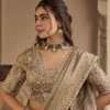 SAJODE RIDDHI Taupe Grey Scallop Border Embroidered Silk Saree