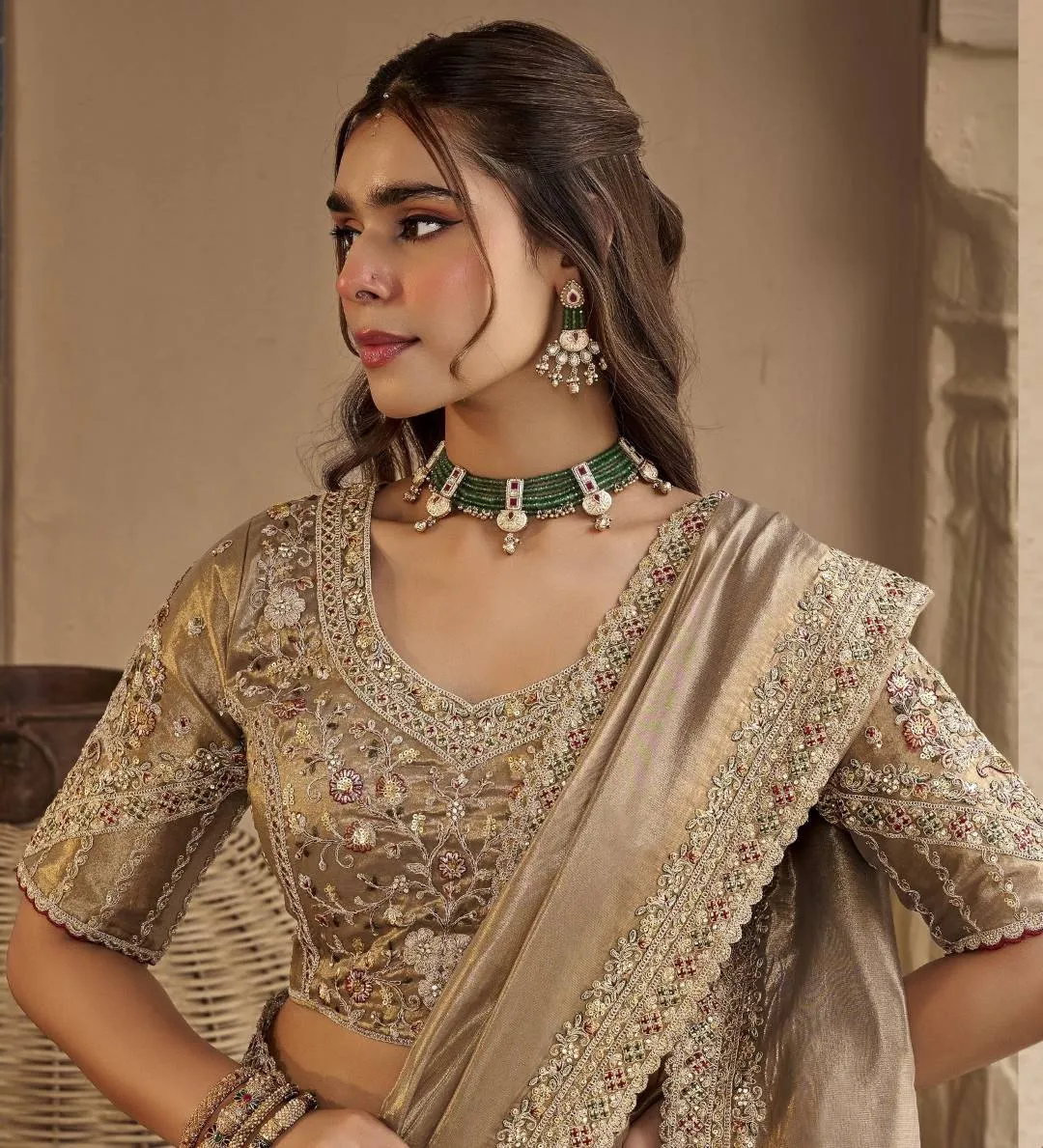 SAJODE RIDDHI Taupe Grey Scallop Border Embroidered Silk Saree
