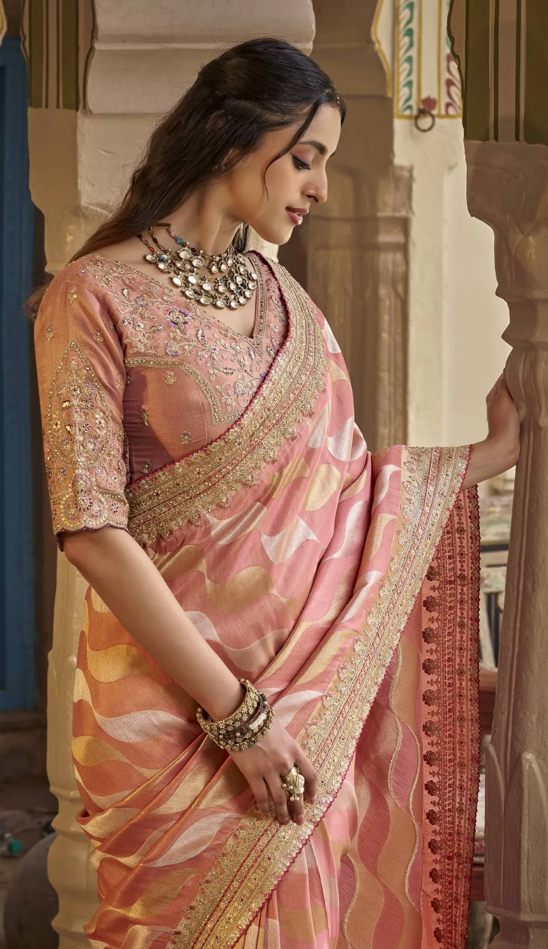Sajode Riddhi Designer Saree with Pre Stitched Blouse | Fancy Pure Fabric Wedding Wear Saree with Embroidered Blouse