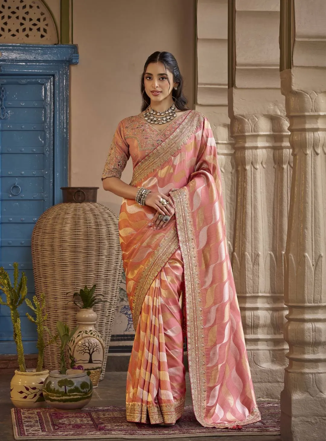 Sajode Riddhi Designer Saree with Pre Stitched Blouse | Fancy Pure Fabric Wedding Wear Saree with Embroidered Blouse