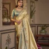 Cream Gold Silk Saree with Teal Embroidered Stitched Blouse
