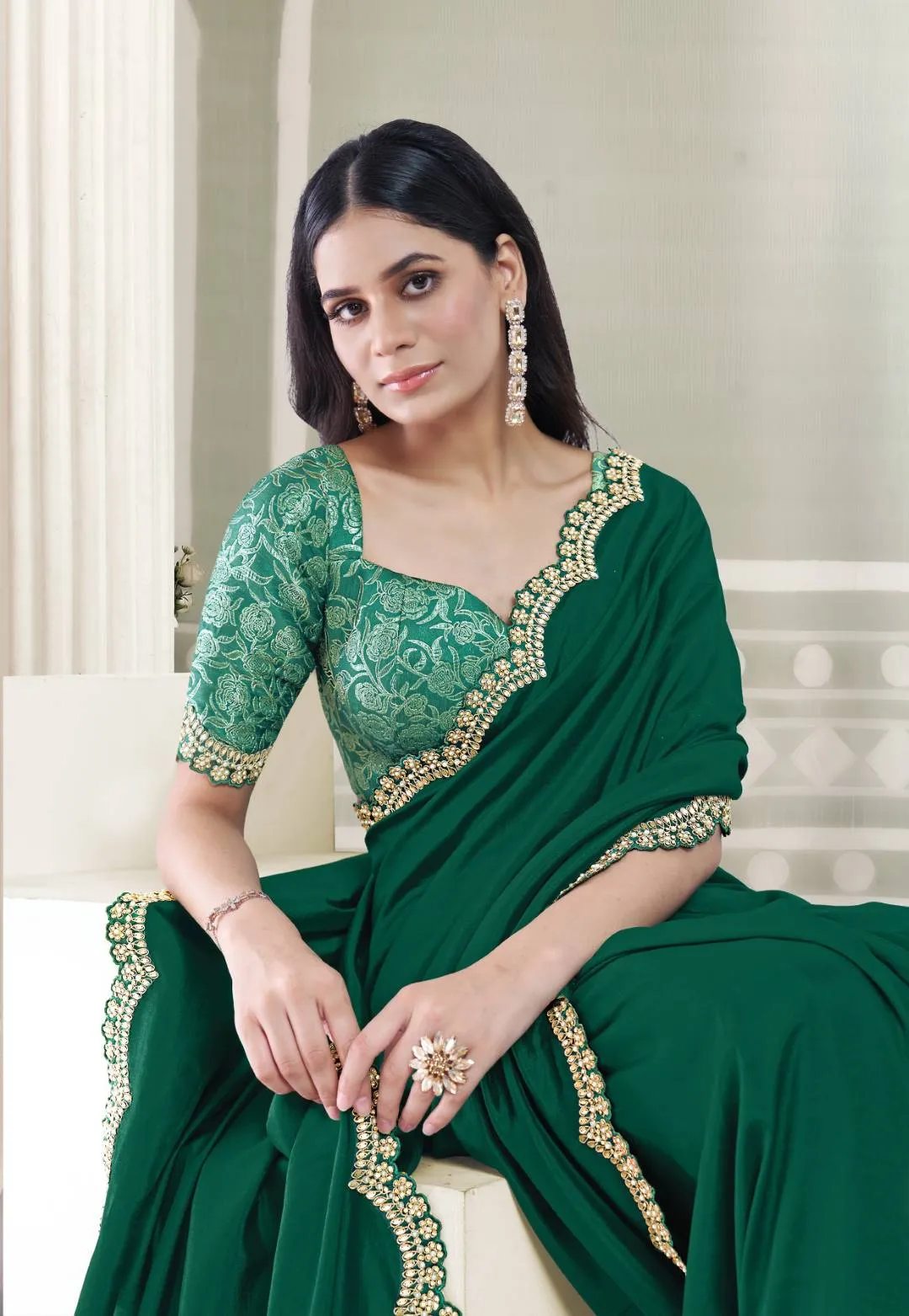 Green Pure Crepe Silk Diamond With Hand Work Saree With Unstitched Blouse