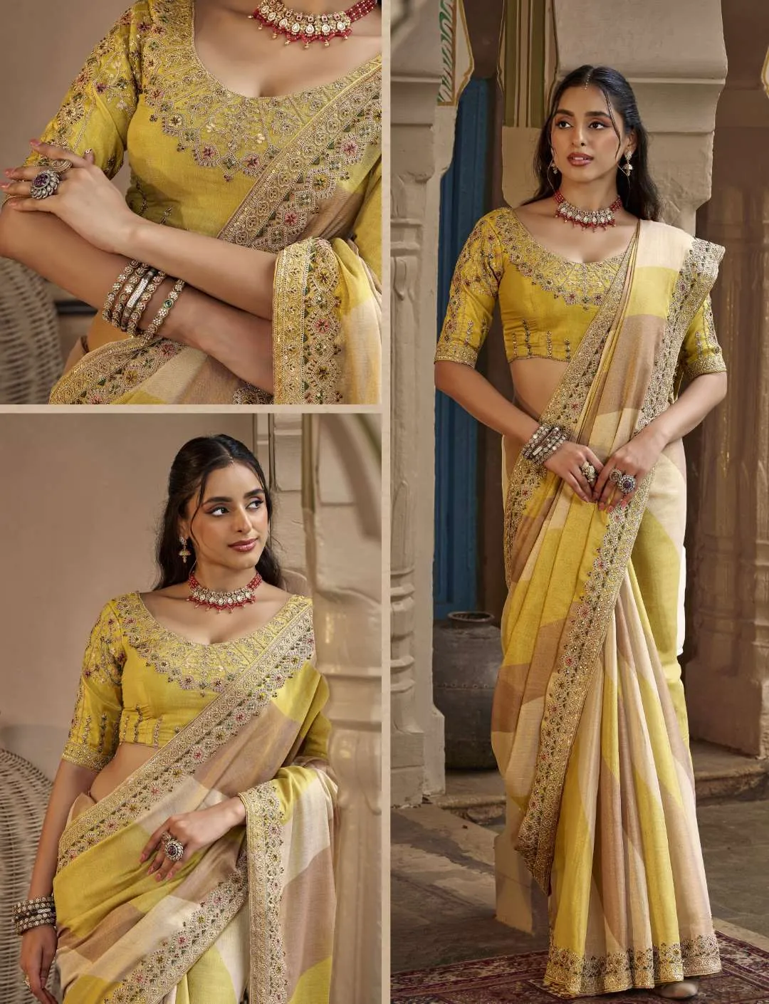 RIDDHI SIDDHI Mustard Yellow Ombre Panel Embroidered Silk Saree