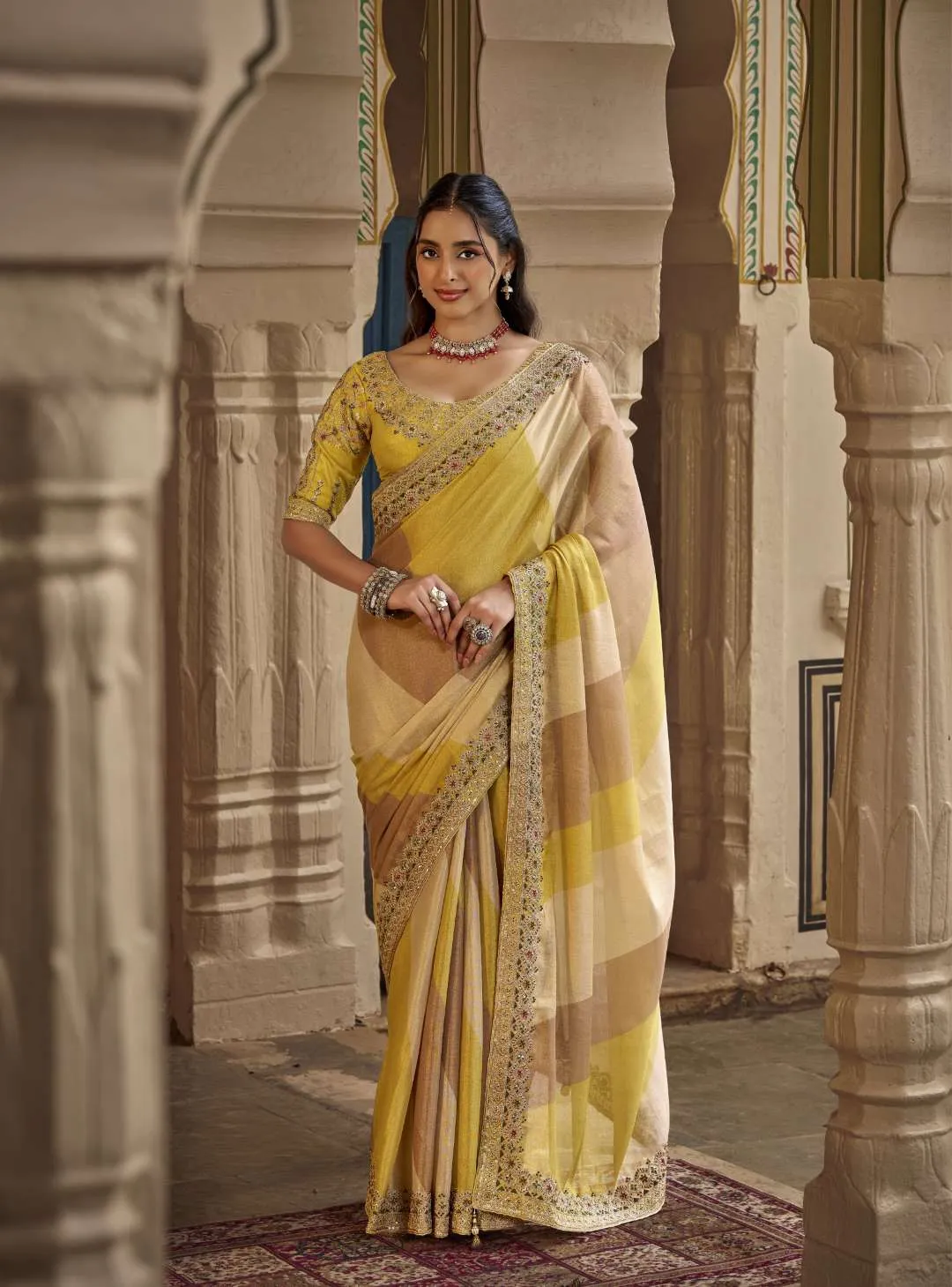 RIDDHI SIDDHI Mustard Yellow Ombre Panel Embroidered Silk Saree