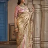 Sajode Modern Icons Metallic Gold & Pink Premium Tissue Saree – Embroidered Wedding Wear