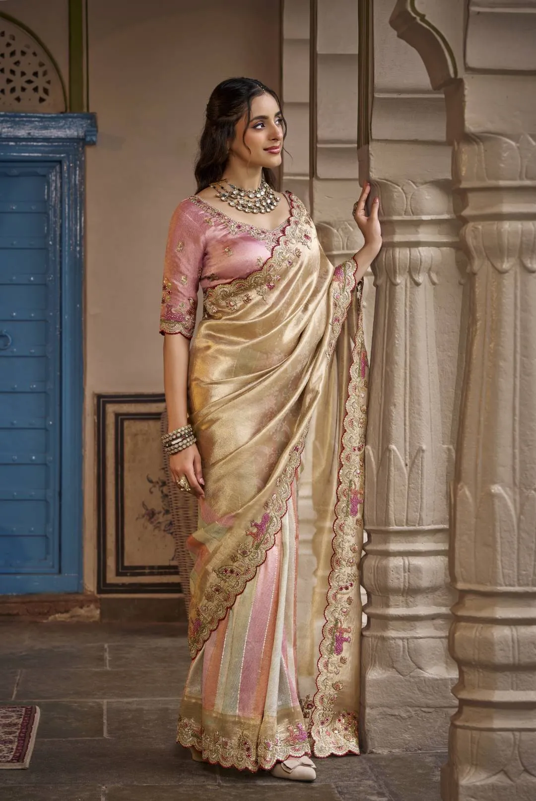 Sajode Modern Icons Metallic Gold & Pink Premium Tissue Saree – Embroidered Wedding Wear