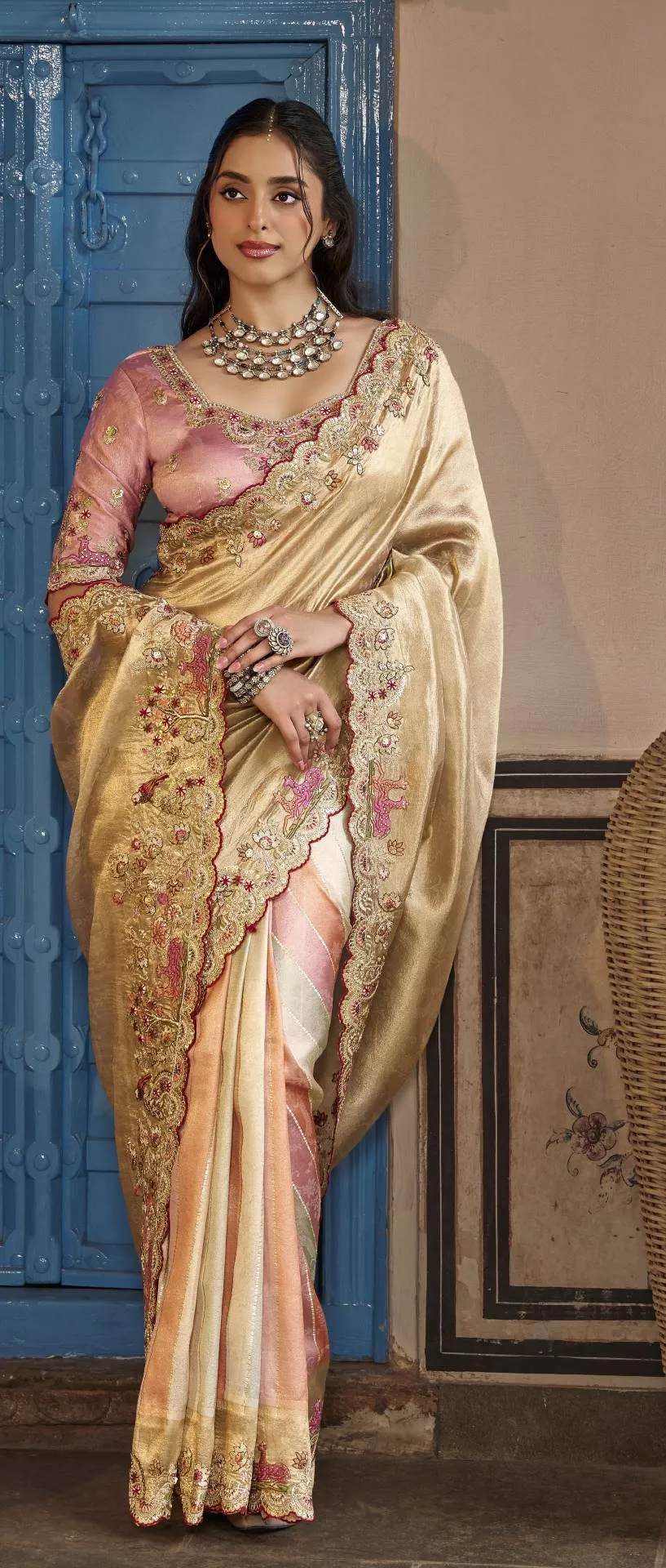 Sajode Modern Icons Metallic Gold & Pink Premium Tissue Saree – Embroidered Wedding Wear