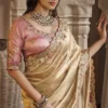 Sajode Modern Icons Metallic Gold & Pink Premium Tissue Saree – Embroidered Wedding Wear