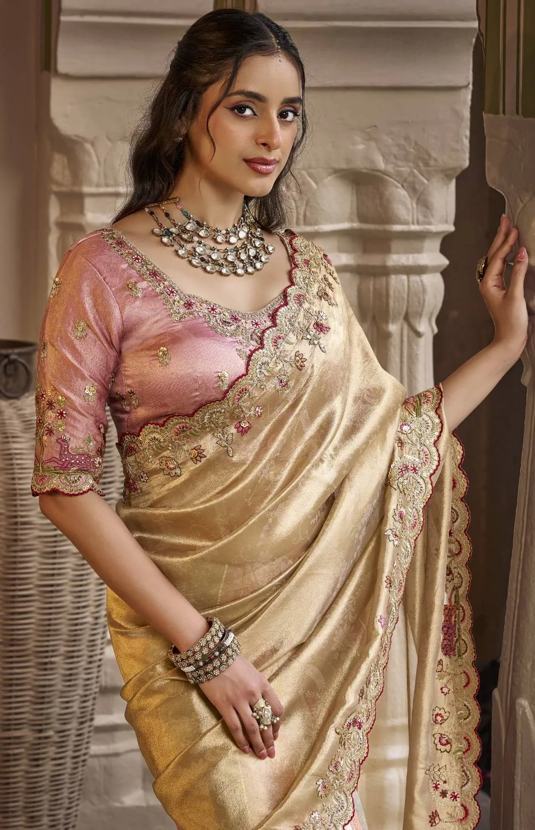 Sajode Modern Icons Metallic Gold & Pink Premium Tissue Saree – Embroidered Wedding Wear