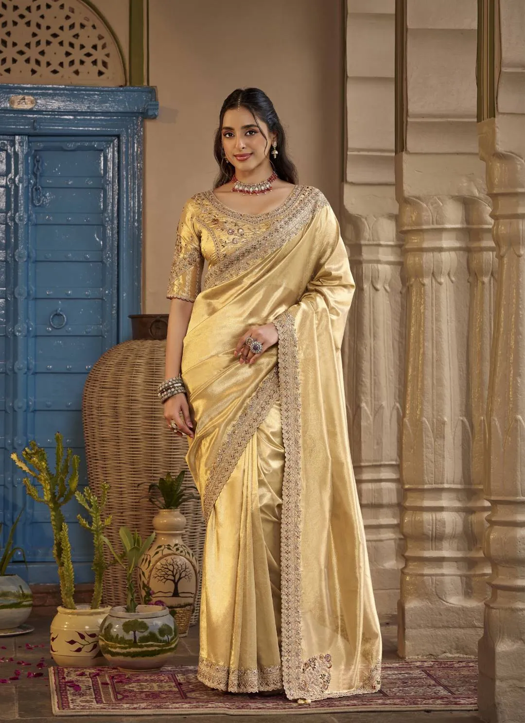 SAJODE RIDDHI Bright Gold Scallop Border Embroidered Silk Saree