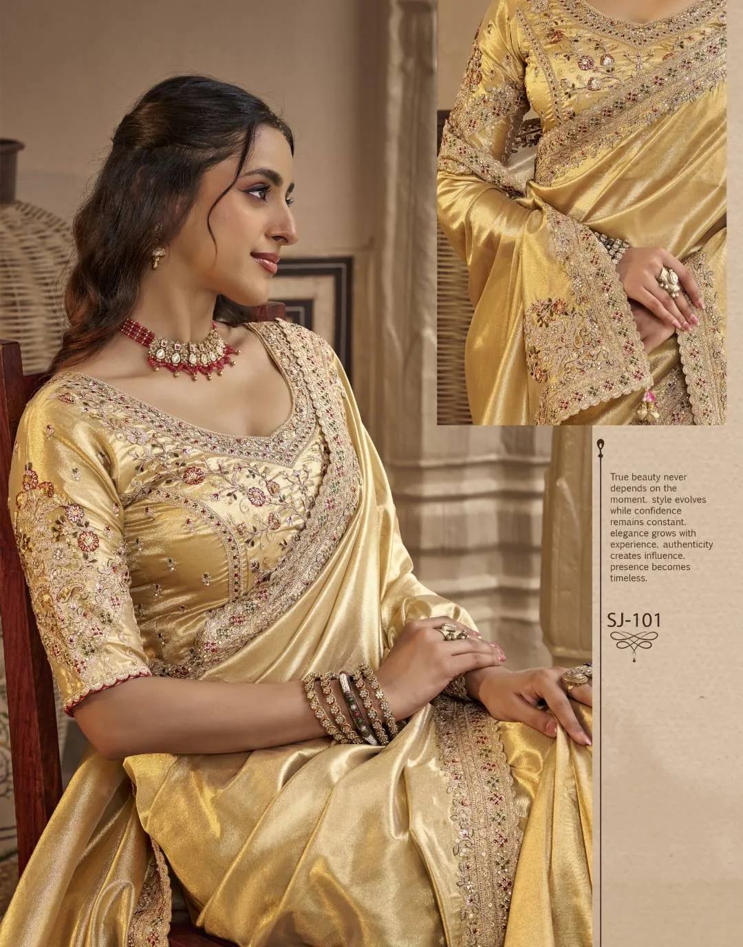 SAJODE RIDDHI Bright Gold Scallop Border Embroidered Silk Saree