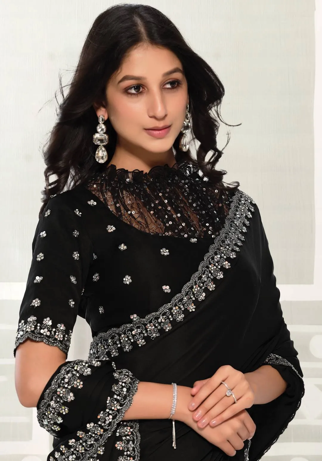 MAHOTSAV NORITA Black Satin Saree In Embroidery