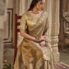 SAJODE RIDDHI Golden Beige Tissue Silk Saree with Heavy Embroidered Cutwork Border & Designer Blouse