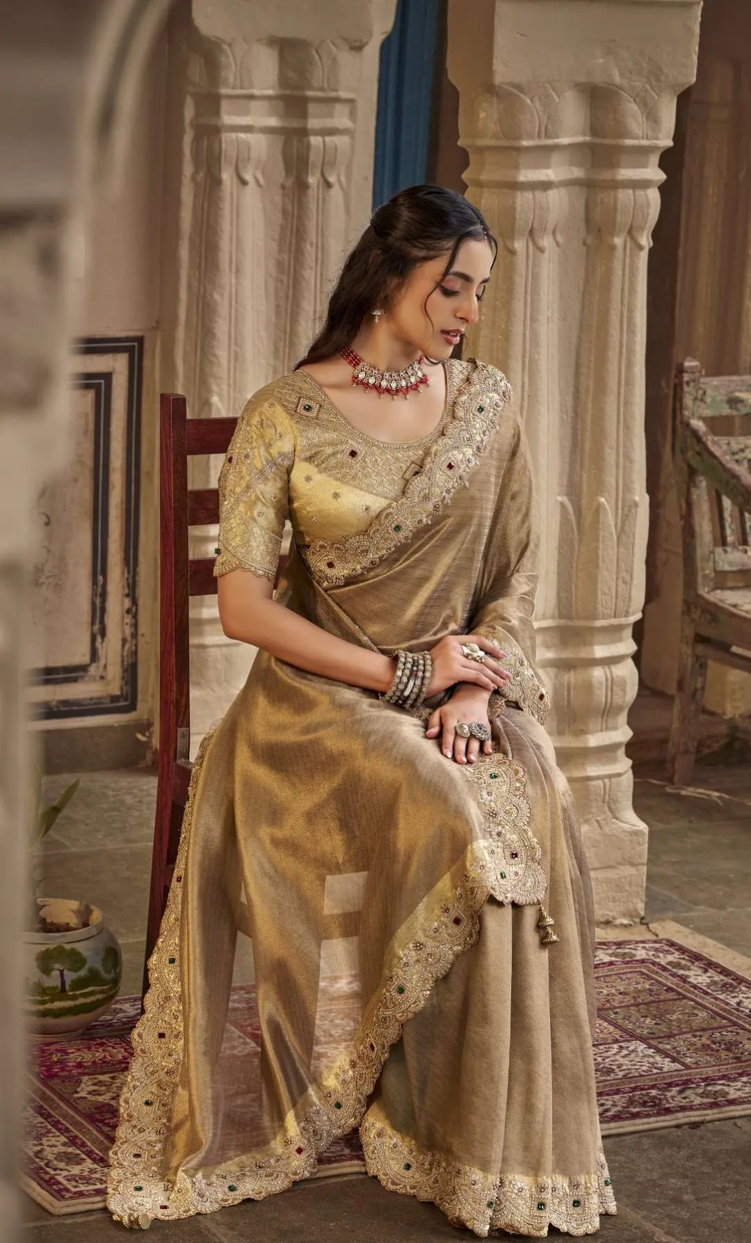 SAJODE RIDDHI Golden Beige Tissue Silk Saree with Heavy Embroidered Cutwork Border & Designer Blouse