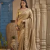SAJODE RIDDHI Golden Beige Tissue Silk Saree with Heavy Embroidered Cutwork Border & Designer Blouse