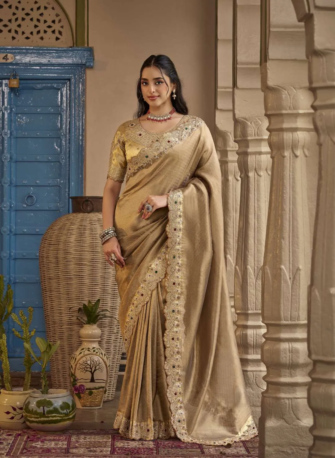 SAJODE RIDDHI Golden Beige Tissue Silk Saree with Heavy Embroidered Cutwork Border & Designer Blouse