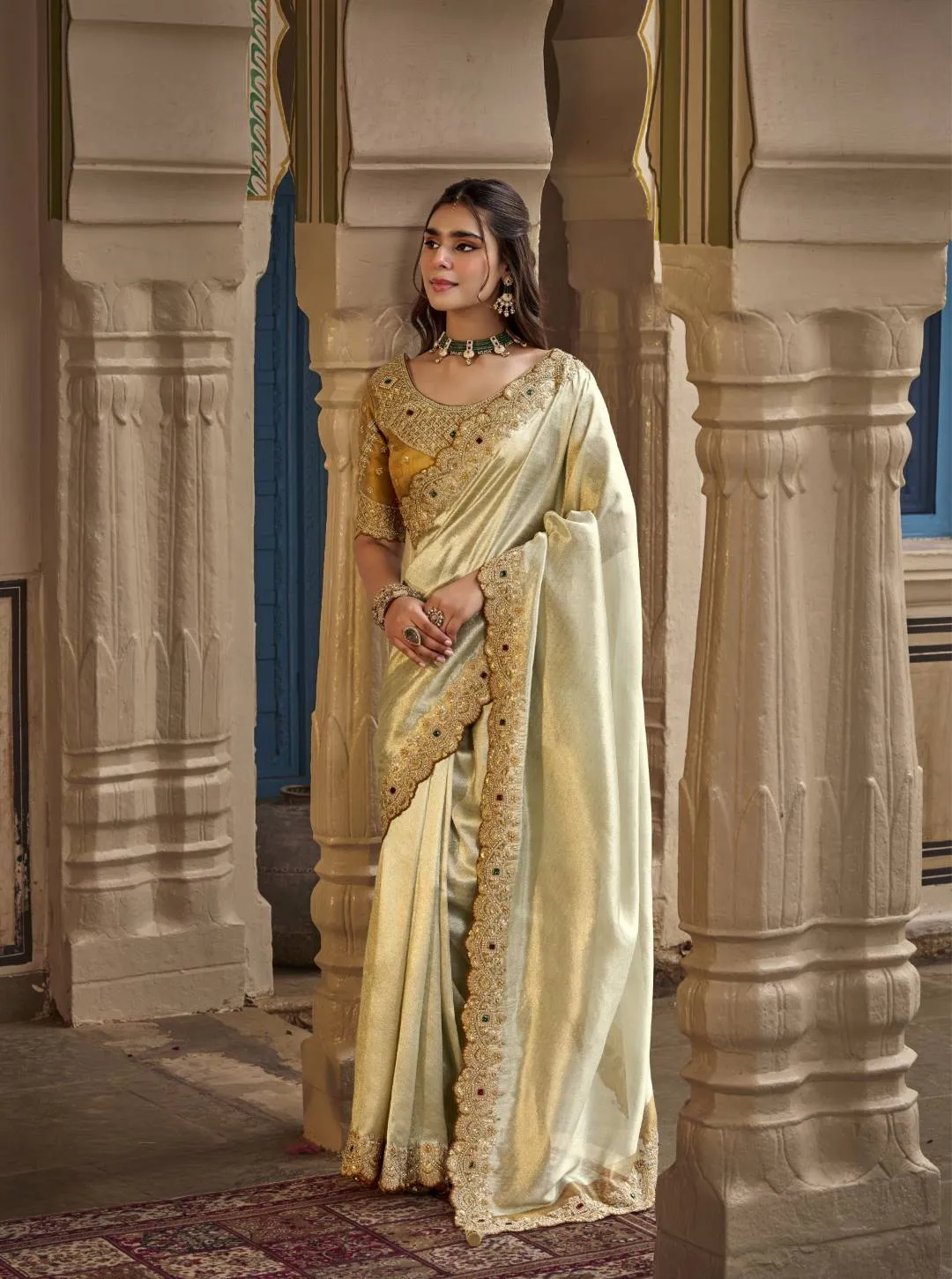 Sajode Riddhi Metallic Gold Silk Heavy Hand Embroidery saree , Traditional Zari Work and Designer Blouse