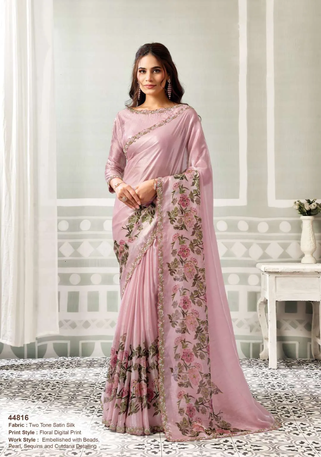 WOMAN'S TWO TONE SATIN SILK SAREE WITH BEADS