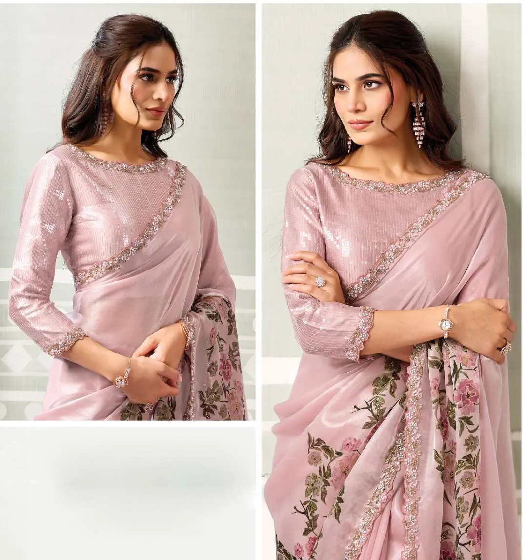 WOMAN'S TWO TONE SATIN SILK SAREE WITH BEADS