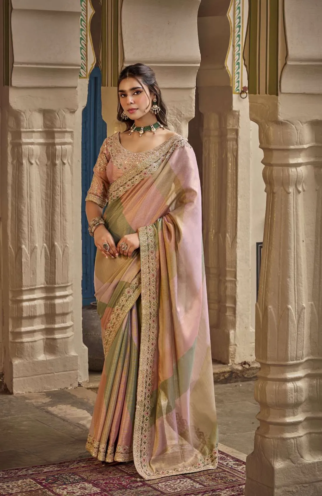 SAJODE- RIDDHI Dusty Rose Multi-Shade Border Embroidered Silk Saree