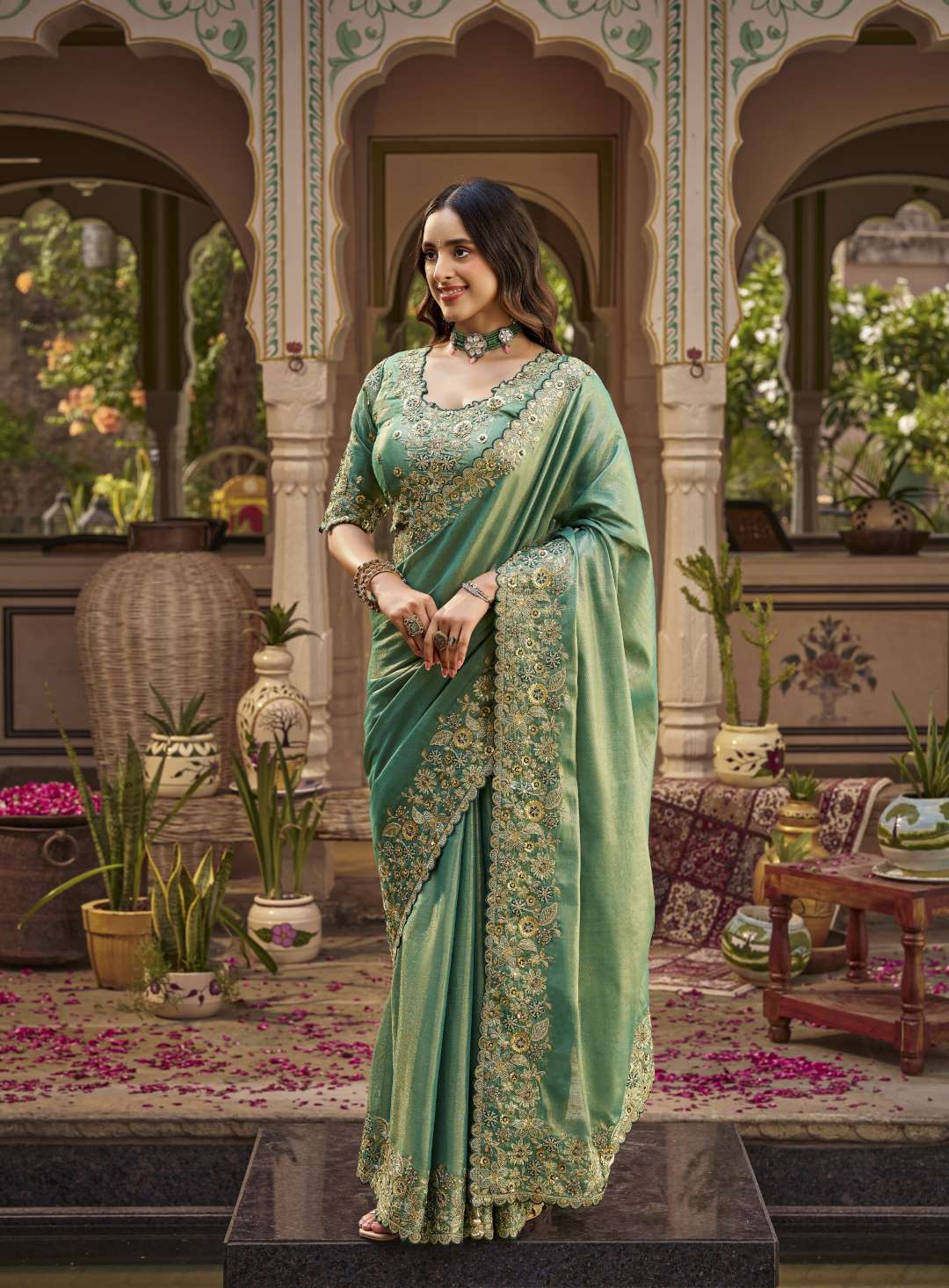 Sajode Riddhi Sea Green Fancy Silk Embroidered Saree with Designer Blouse