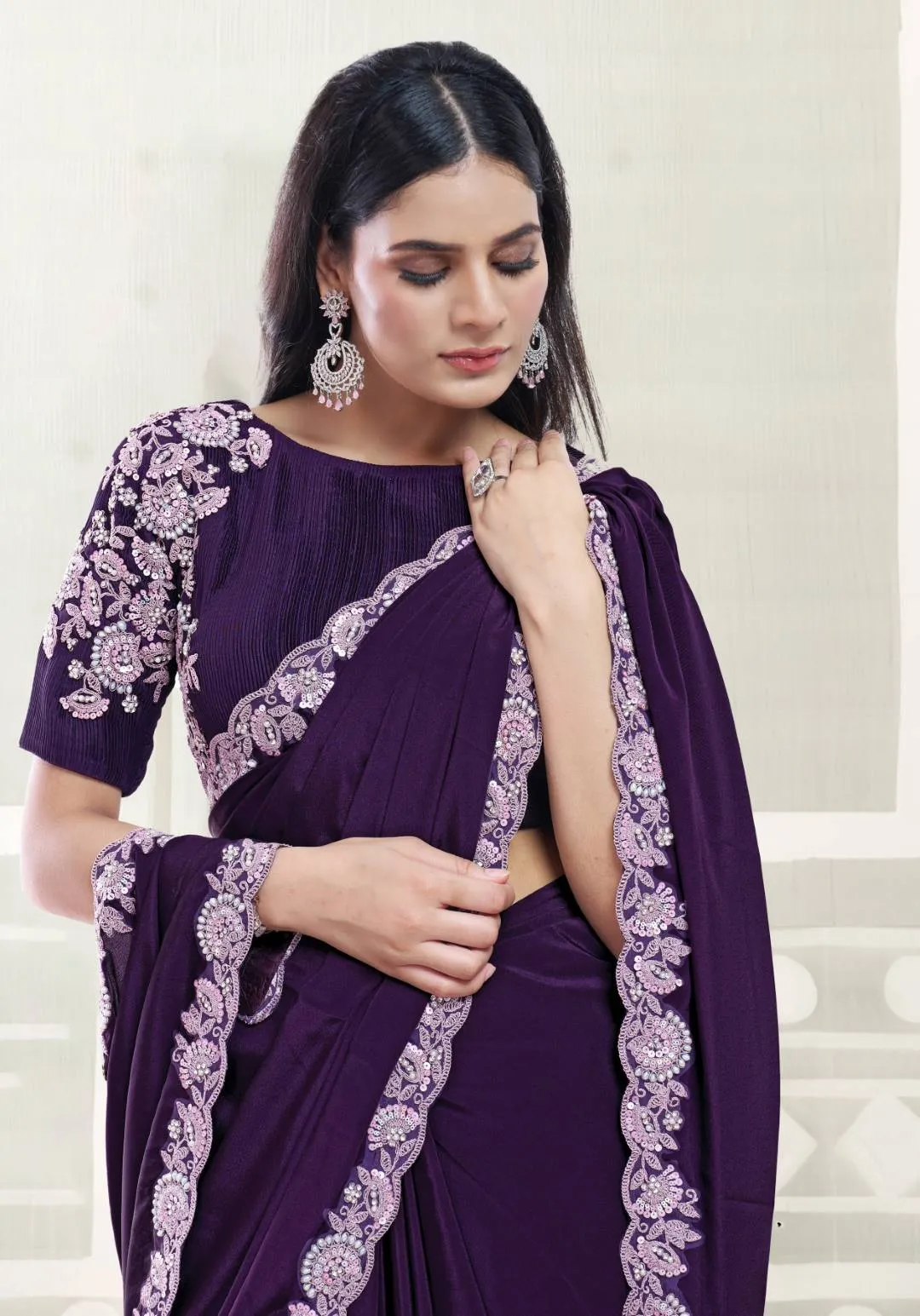 PURPLE PURE CREPE SILK SAREE WITH DUAL SEQUINS